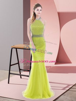 Chic Sleeveless Beading Backless with Yellow Green Sweep Train
