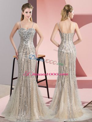 Beading Prom Evening Gown Champagne Zipper Sleeveless Sweep Train