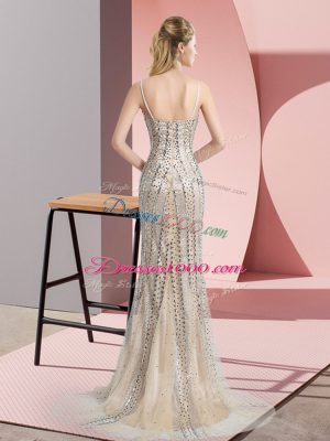 Beading Prom Evening Gown Champagne Zipper Sleeveless Sweep Train