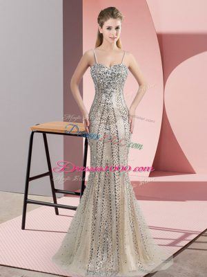 Beading Prom Evening Gown Champagne Zipper Sleeveless Sweep Train