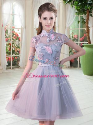 Deluxe Grey Prom Gown Prom and Party with Appliques High-neck Short Sleeves Zipper