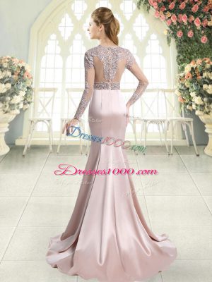 Amazing Pink Mermaid V-neck Long Sleeves Satin Sweep Train Zipper Beading and Lace Evening Dress