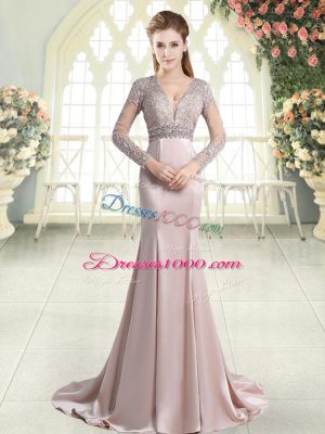 Amazing Pink Mermaid V-neck Long Sleeves Satin Sweep Train Zipper Beading and Lace Evening Dress