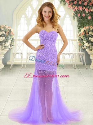 Lavender Sleeveless Tulle Brush Train Zipper Homecoming Dress for Prom and Party
