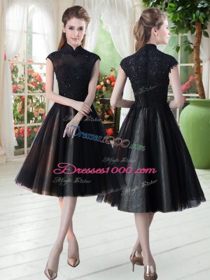 Hot Sale Black Zipper High-neck Beading and Lace Homecoming Dress Tulle Cap Sleeves
