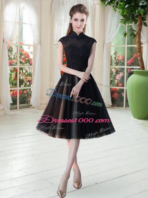 Hot Sale Black Zipper High-neck Beading and Lace Homecoming Dress Tulle Cap Sleeves