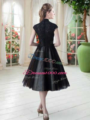 Hot Sale Black Zipper High-neck Beading and Lace Homecoming Dress Tulle Cap Sleeves