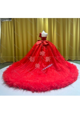One Shoulder Fuchsia Quinceanera Dress Ruffled Bottom Bead Crystals Tiered Ruffles Ball Gown