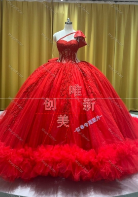 One Shoulder Fuchsia Quinceanera Dress Ruffled Bottom Bead Crystals Tiered Ruffles Ball Gown