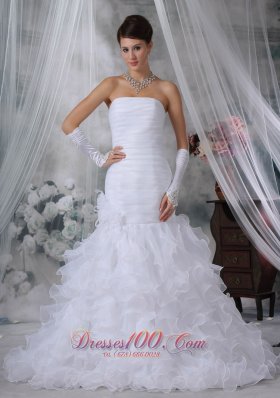 Ruch Bodice Mermaid Wedding Dress Layered Brush Train