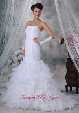 Ruch Bodice Mermaid Wedding Dress Layered Brush Train