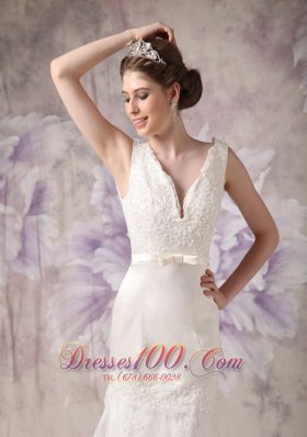 V-neck Sash Brush Tarin Outdoor Wedding Dress