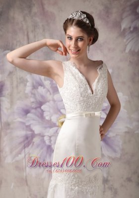 V-neck Sash Brush Tarin Outdoor Wedding Dress