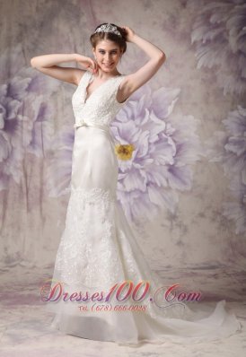 V-neck Sash Brush Tarin Outdoor Wedding Dress