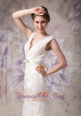 V-neck Sash Brush Tarin Outdoor Wedding Dress