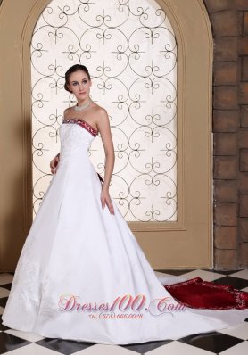 Wedding Dress Wine Red and White A-line Chapel Train