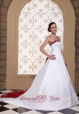 Wedding Dress Wine Red and White A-line Chapel Train