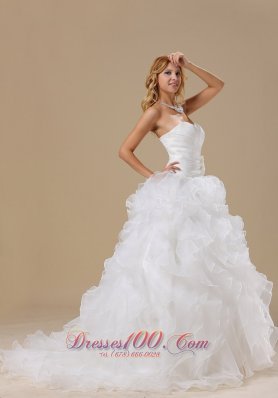 Sweetheart Ruffles Train Hand Made Flower Wedding Dress