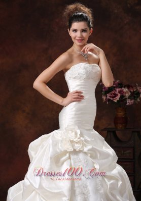 Champagne Mermaid Ruched Bodice Train Wedding Dress