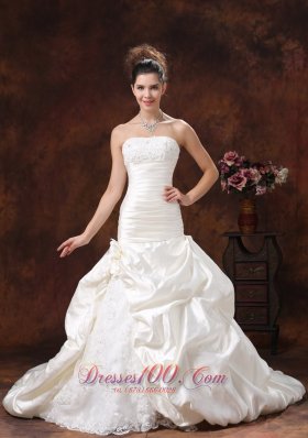 Champagne Mermaid Ruched Bodice Train Wedding Dress