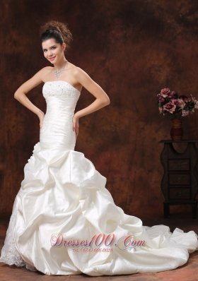 Champagne Mermaid Ruched Bodice Train Wedding Dress