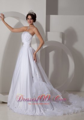 A-line Ruched Bodice Beading Sash Wedding Dress Taffeta