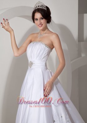 A-line Ruched Bodice Beading Sash Wedding Dress Taffeta