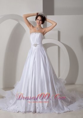 A-line Ruched Bodice Beading Sash Wedding Dress Taffeta