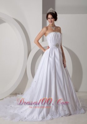 A-line Ruched Bodice Beading Sash Wedding Dress Taffeta