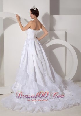 A-line Ruched Bodice Beading Sash Wedding Dress Taffeta