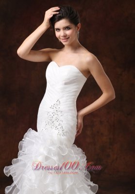 Mermaid Ruched Wedding Dress Beaded Ruffles Brush Train