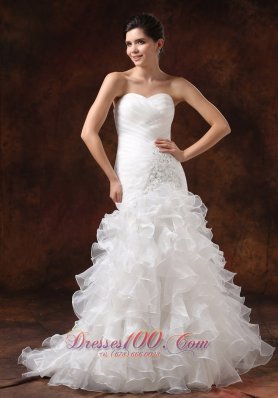 Mermaid Ruched Wedding Dress Beaded Ruffles Brush Train