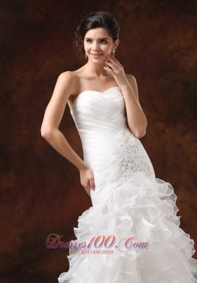 Mermaid Ruched Wedding Dress Beaded Ruffles Brush Train