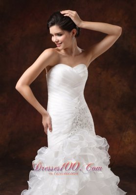 Mermaid Ruched Wedding Dress Beaded Ruffles Brush Train