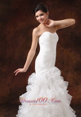 Mermaid Ruched Wedding Dress Beaded Ruffles Brush Train