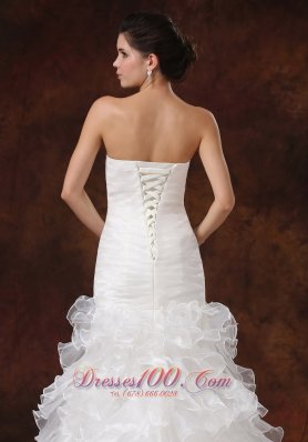 Mermaid Ruched Wedding Dress Beaded Ruffles Brush Train