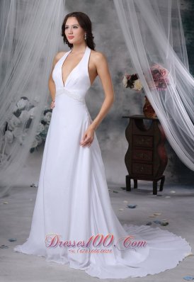 Deep V-neck Wedding Dress Halter Top Beaded Court Train