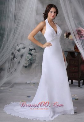 Deep V-neck Wedding Dress Halter Top Beaded Court Train