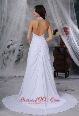 Deep V-neck Wedding Dress Halter Top Beaded Court Train