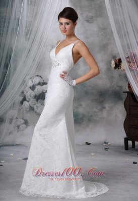 V-neck lace Decorate Column Wedding Dress