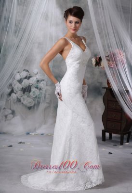 V-neck lace Decorate Column Wedding Dress