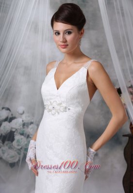 V-neck lace Decorate Column Wedding Dress