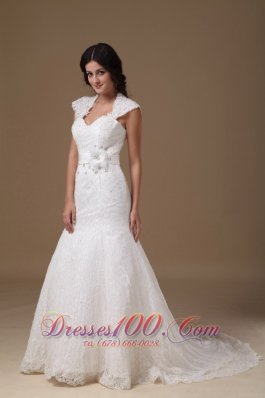 Mermaid Brush Lace Cap Sleeves Wedding Dress Beading