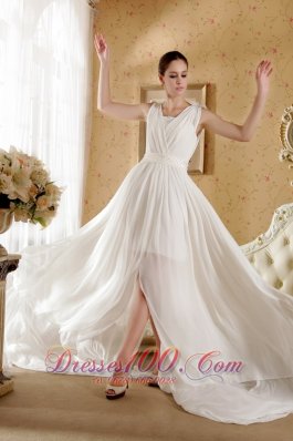 Empire V-neck Beach Wedding Dress Court Train Chiffon Bowknot