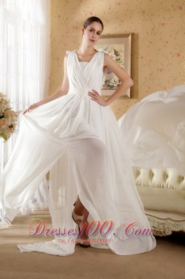 Empire V-neck Beach Wedding Dress Court Train Chiffon Bowknot