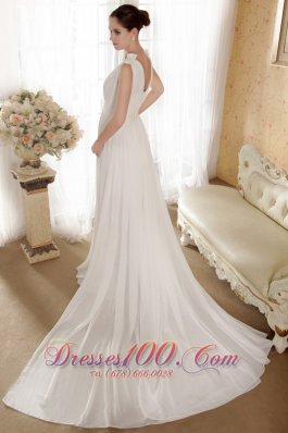 Empire V-neck Beach Wedding Dress Court Train Chiffon Bowknot