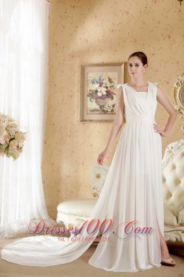 Empire V-neck Beach Wedding Dress Court Train Chiffon Bowknot