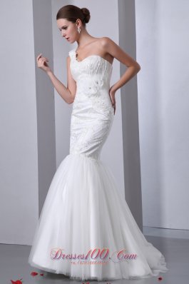 One Shoulder Mermaid Tulle Indoor Wedding Dress