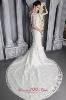 Short Sleeves Sheath V-neck Lace Wedding Dress Chapel Train