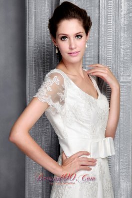 Short Sleeves Sheath V-neck Lace Wedding Dress Chapel Train